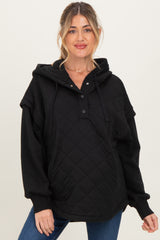 Black Quilted Contrast Maternity Button Hoodie