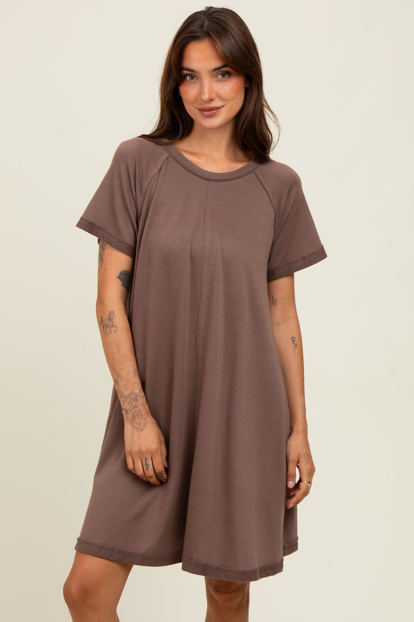 Brown Solid T-shirt Mini Dress