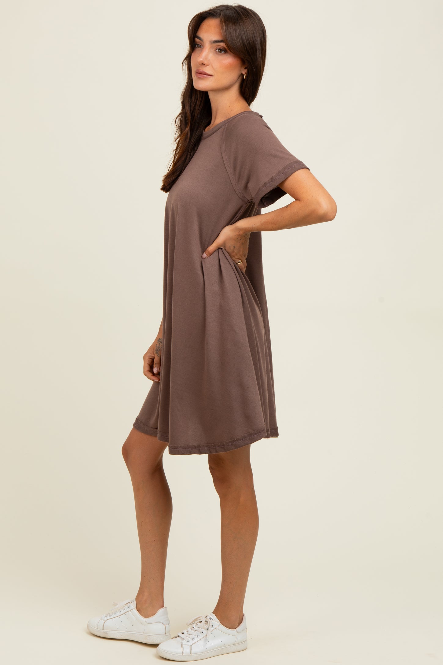 Brown Solid T-shirt Mini Dress