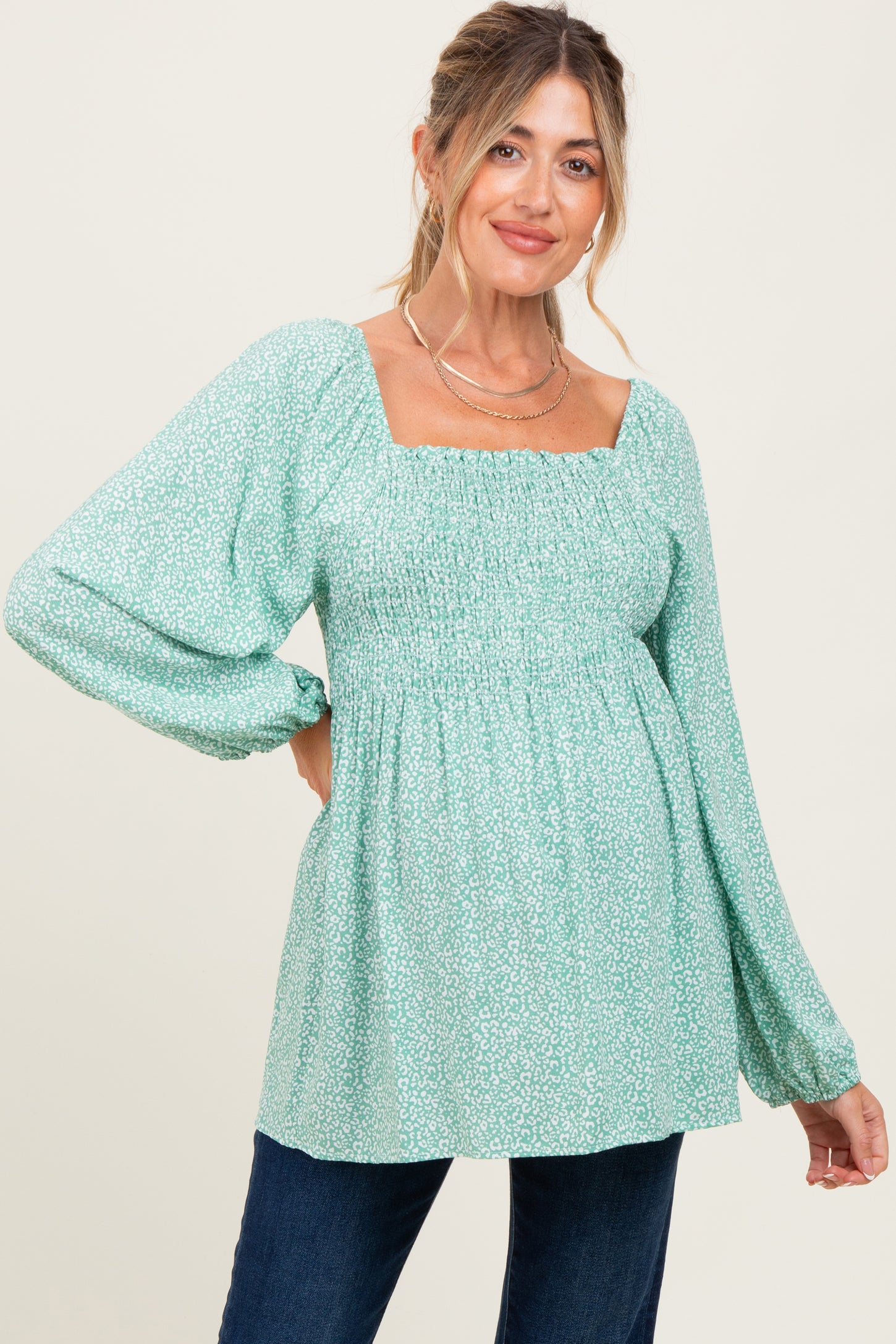 Sage Floral Smocked Long Sleeve Maternity Top