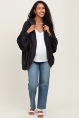 Black Solid Terry Long Dolman Sleeve Vintage Maternity Hoodie