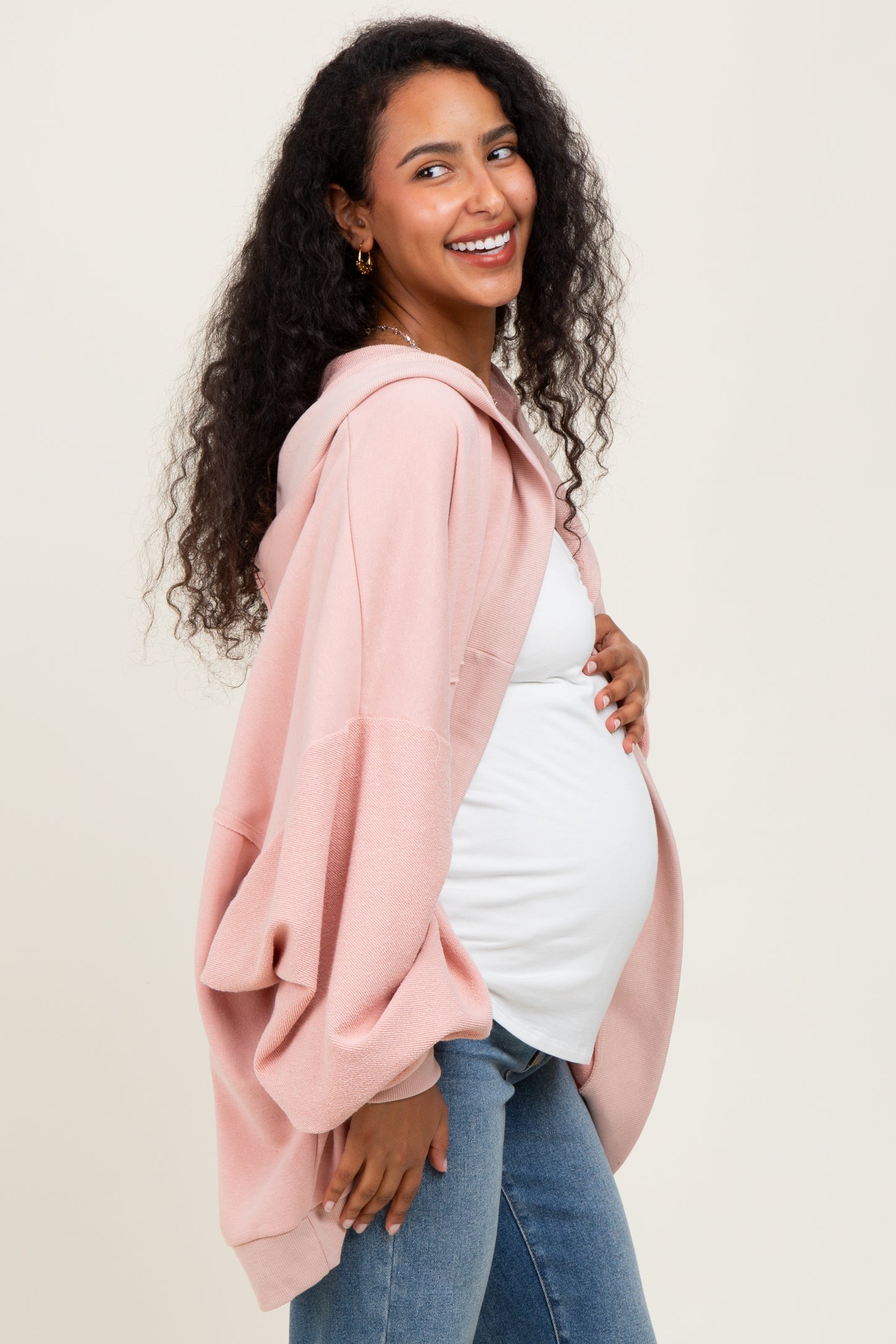 Pink Solid Terry Long Dolman Sleeve Vintage Maternity Hoodie