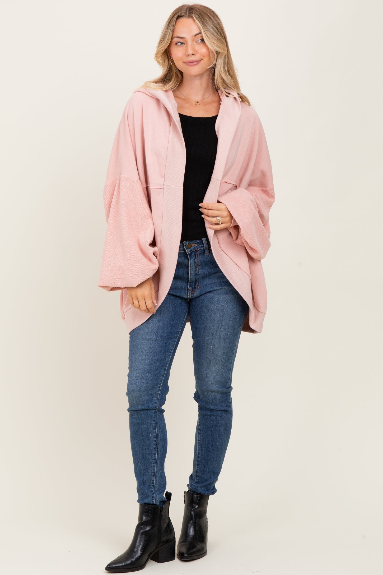 Pink Solid Terry Long Dolam Sleeve Vintage Hoodie