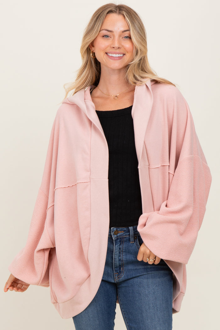 Pink Solid Terry Long Dolman Sleeve Vintage Maternity Hoodie