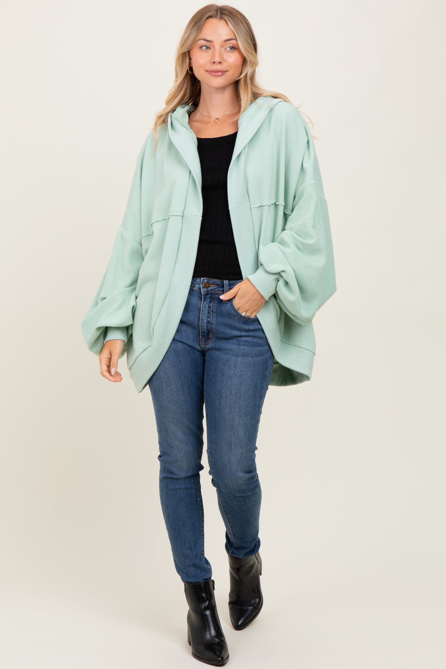 Sage Solid Terry Long Dolam Sleeve Vintage Hoodie