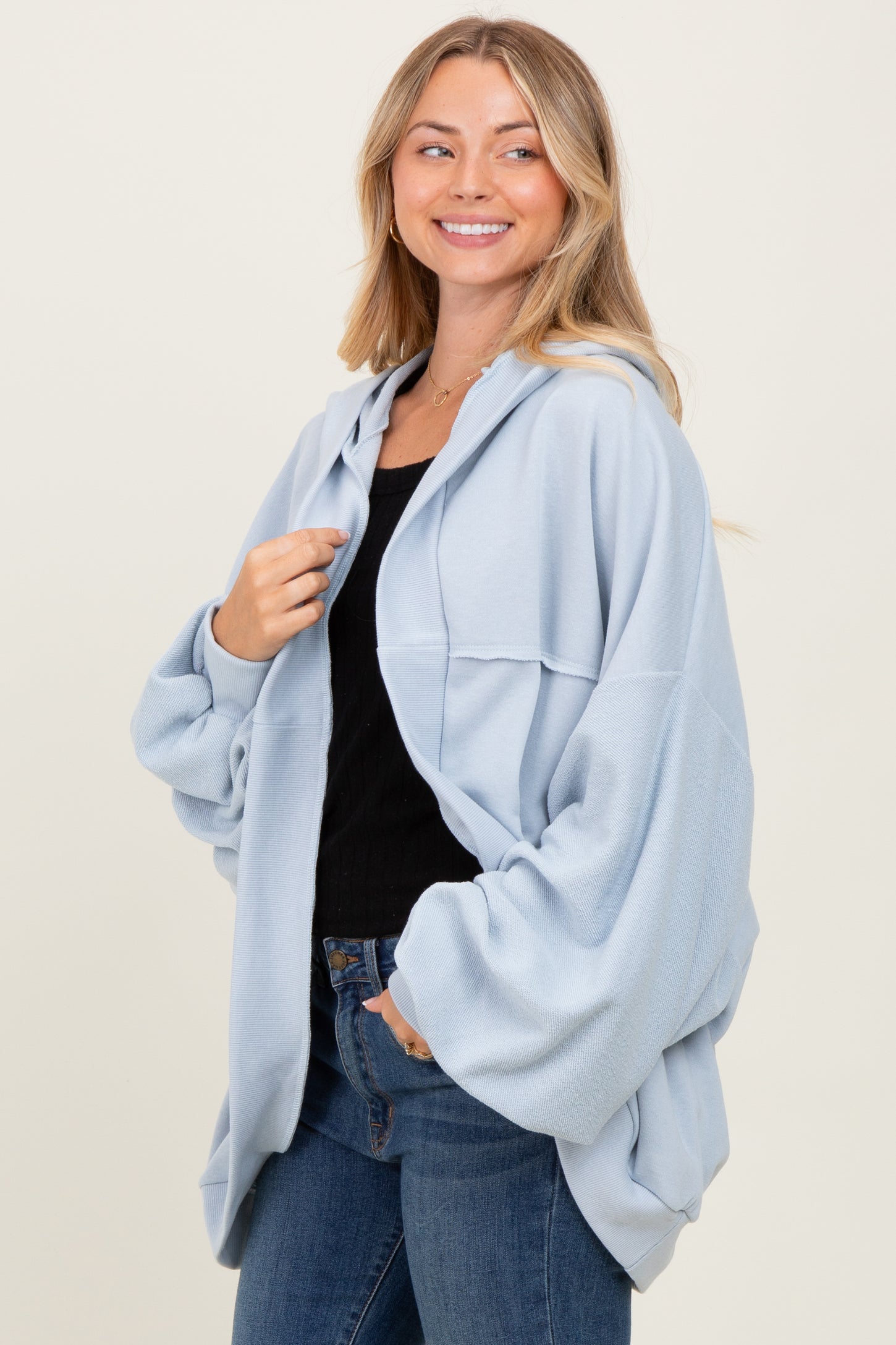 Light Blue Solid Terry Long Dolam Sleeve Vintage Hoodie