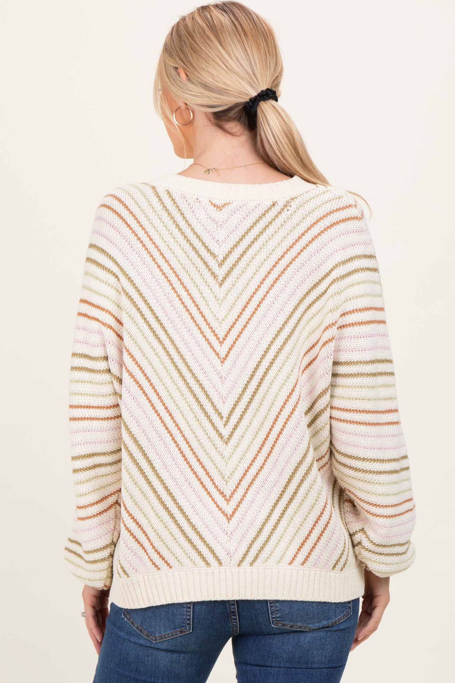 Beige Multi Crew Neck Striped Long Sleeve Sweater