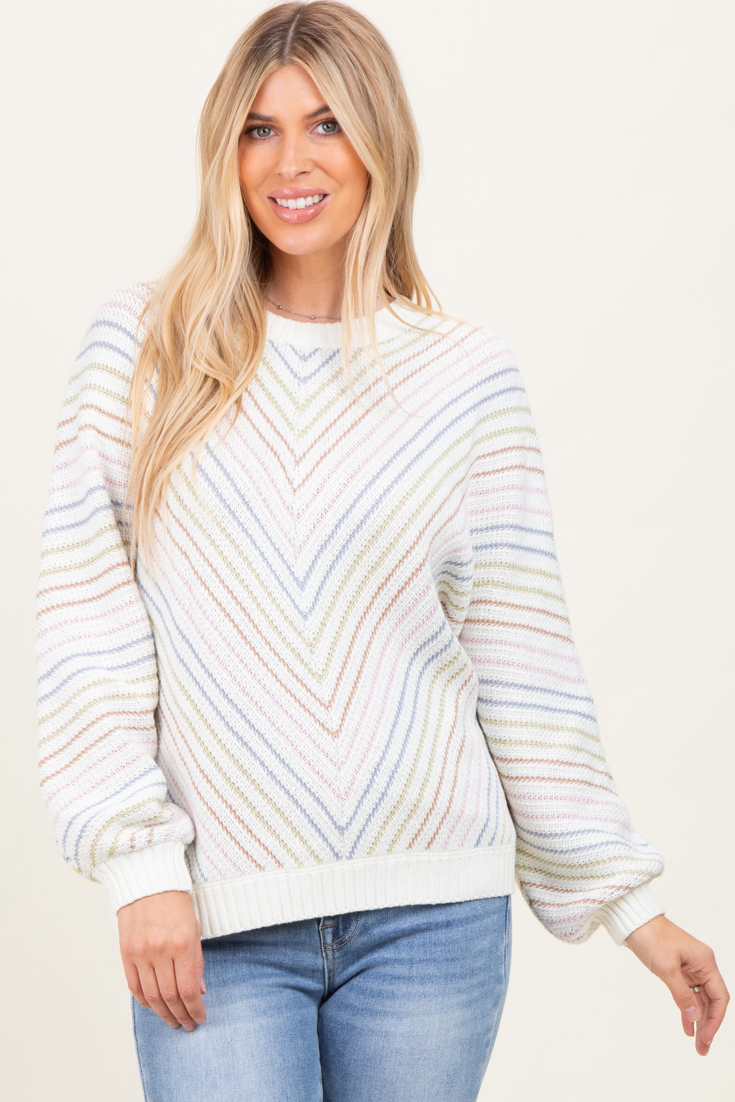 Cream Multi Crew Neck Striped Long Sleeve Sweater