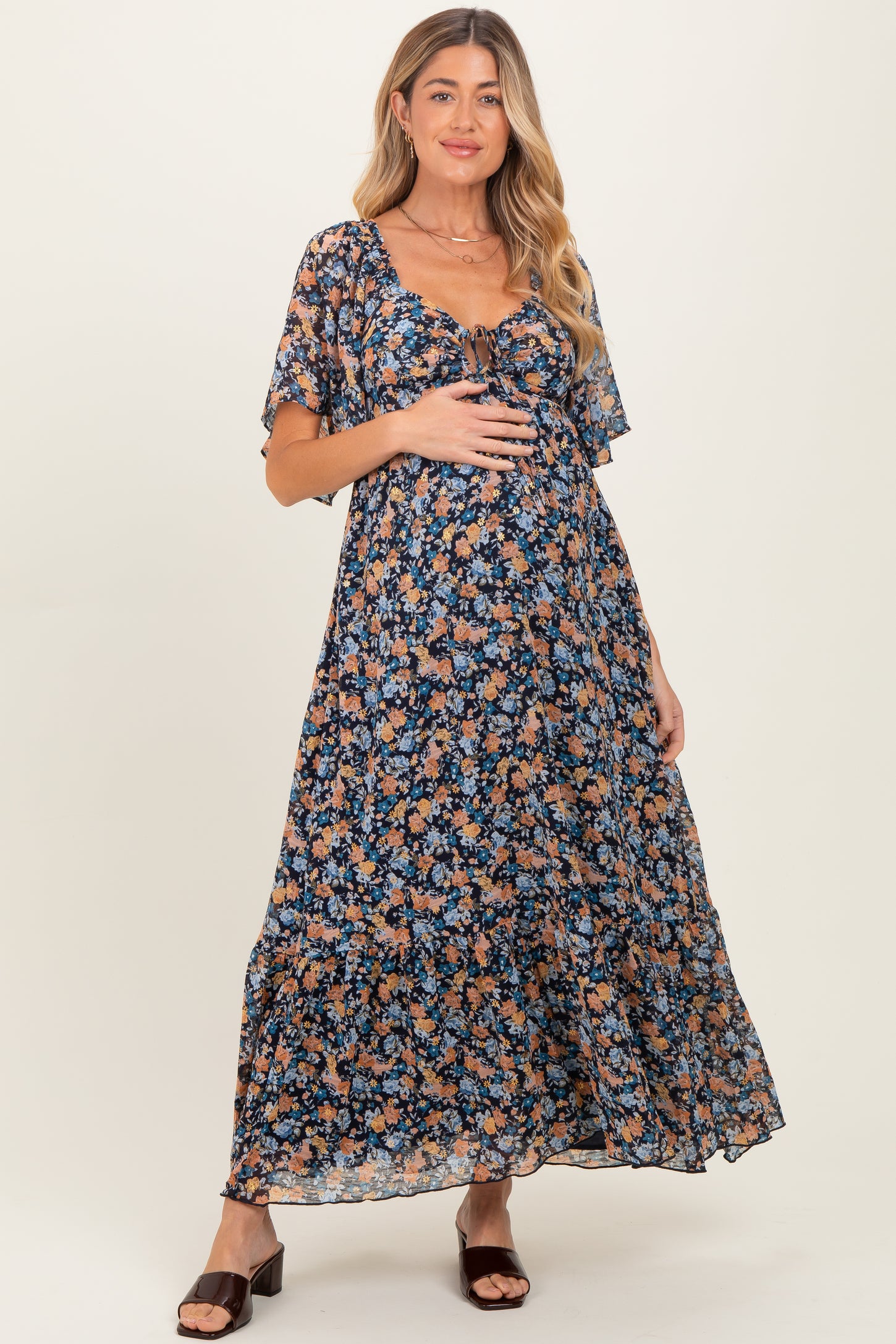Navy Floral Sweetheart Neck Flutter Sleeve Maternity Maxi Dress