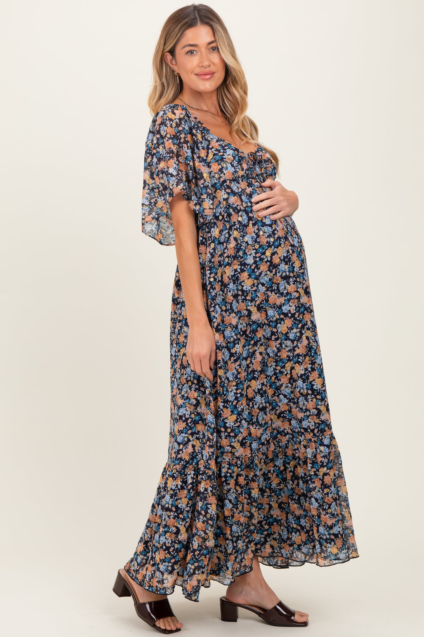 Navy Floral Sweetheart Neck Flutter Sleeve Maternity Maxi Dress