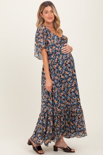 Navy Floral Sweetheart Neck Flutter Sleeve Maternity Maxi Dress