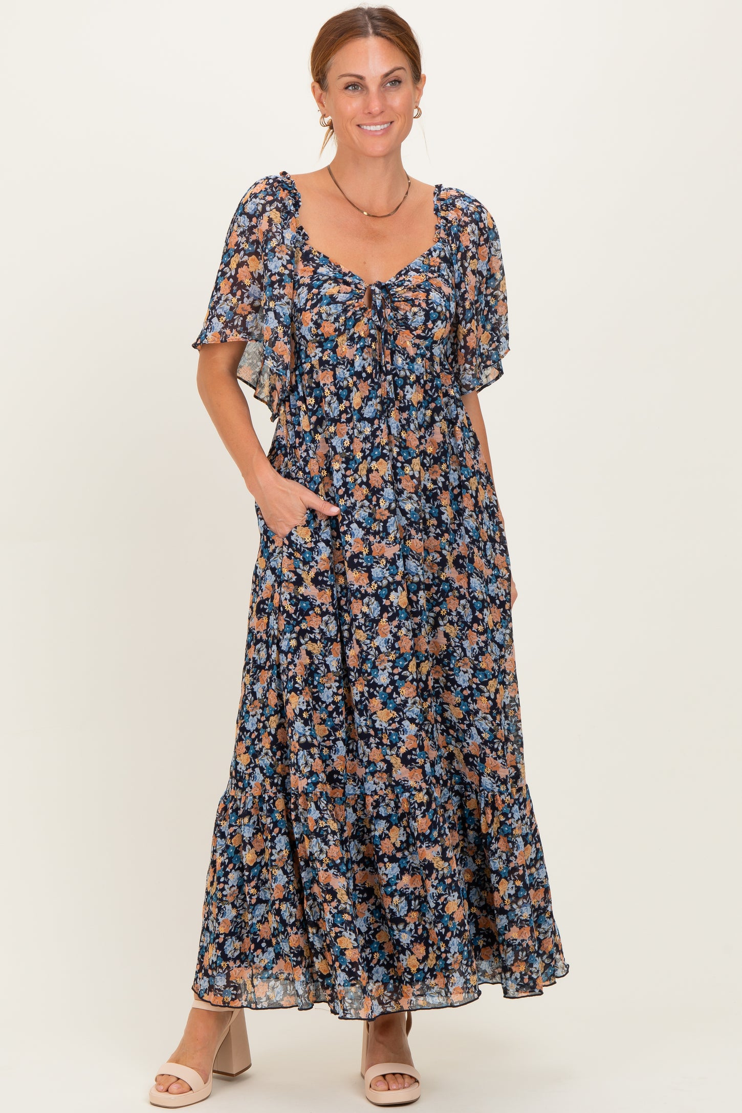 Navy Floral Sweetheart Neck Flutter Sleeve Maternity Maxi Dress