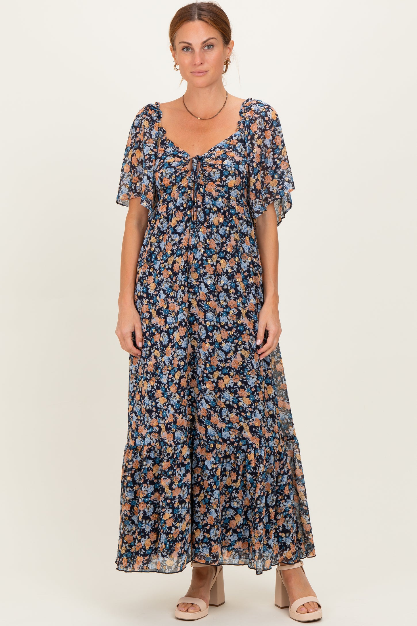 Navy Floral Sweetheart Neck Flutter Sleeve Maxi Dress