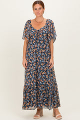 Navy Floral Sweetheart Neck Flutter Sleeve Maxi Dress