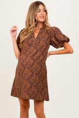 Brown Textured Floral Bubble Sleeve A-Line Maternity Mini Dress