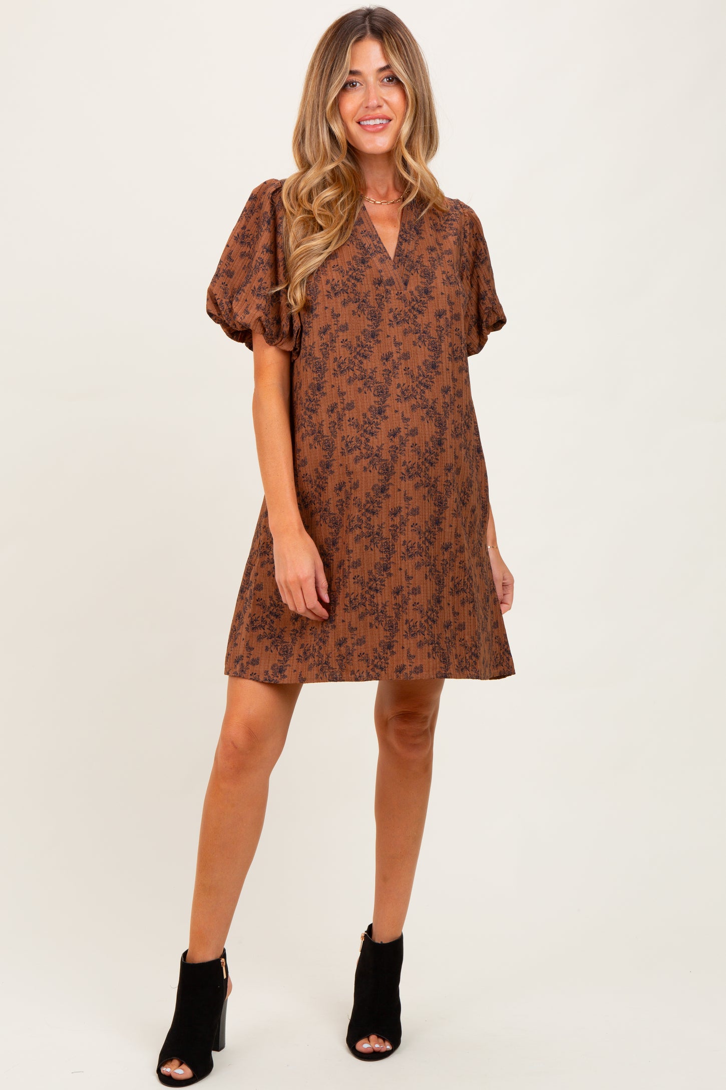 Brown Textured Floral Bubble Sleeve A-Line Maternity Mini Dress