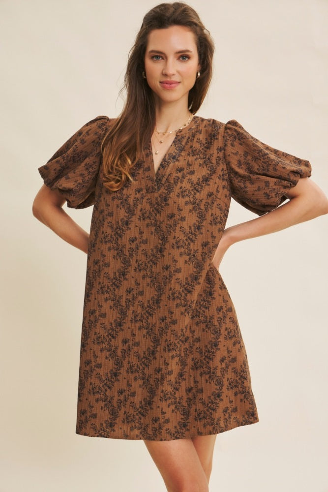 Brown Textured Floral Bubble Sleeve A-Line Mini Dress PinkBlush Brown Textured Floral Bubble Sleeve A-Line Mini Dress PinkBlush