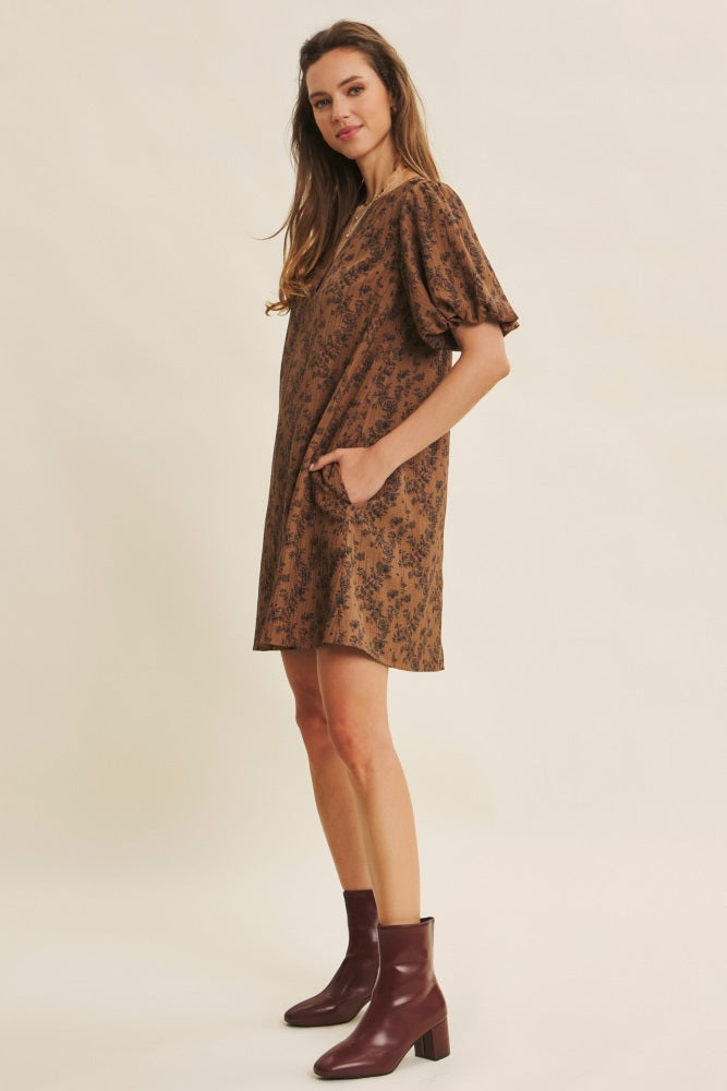 Brown Textured Floral Bubble Sleeve A-Line Mini Dress