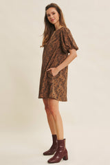 Brown Textured Floral Bubble Sleeve A-Line Mini Dress