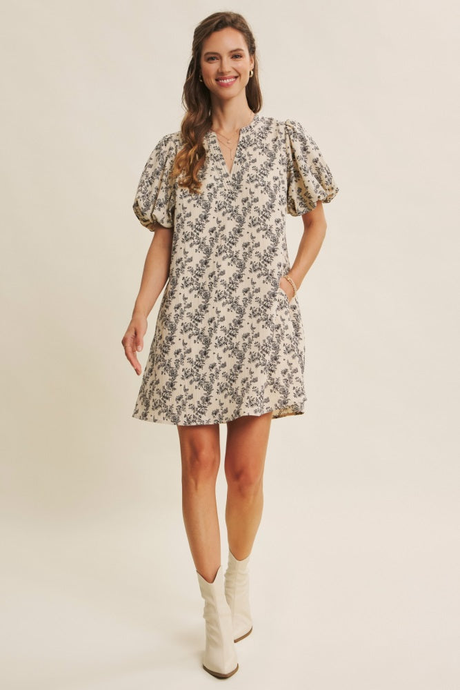 Cream Textured Floral Bubble Sleeve A-Line Maternity Mini Dress