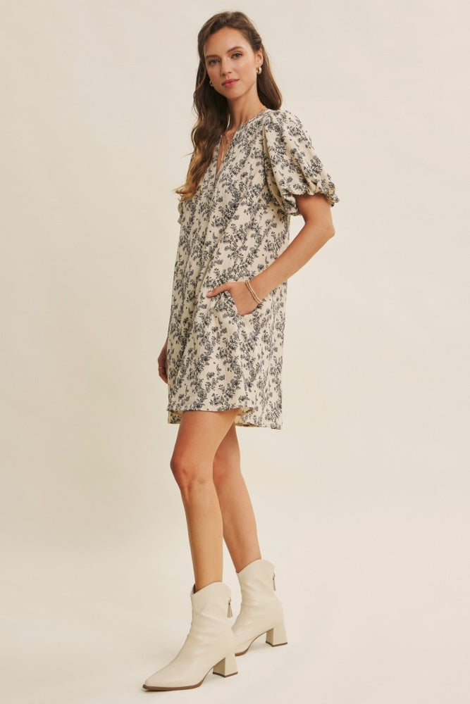 Cream Textured Floral Bubble Sleeve A-Line Mini Dress