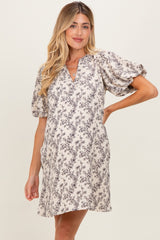 Cream Textured Floral Bubble Sleeve A-Line Maternity Mini Dress