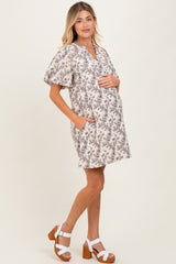 Cream Textured Floral Bubble Sleeve A-Line Maternity Mini Dress