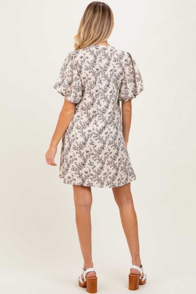 Cream Textured Floral Bubble Sleeve A-Line Maternity Mini Dress