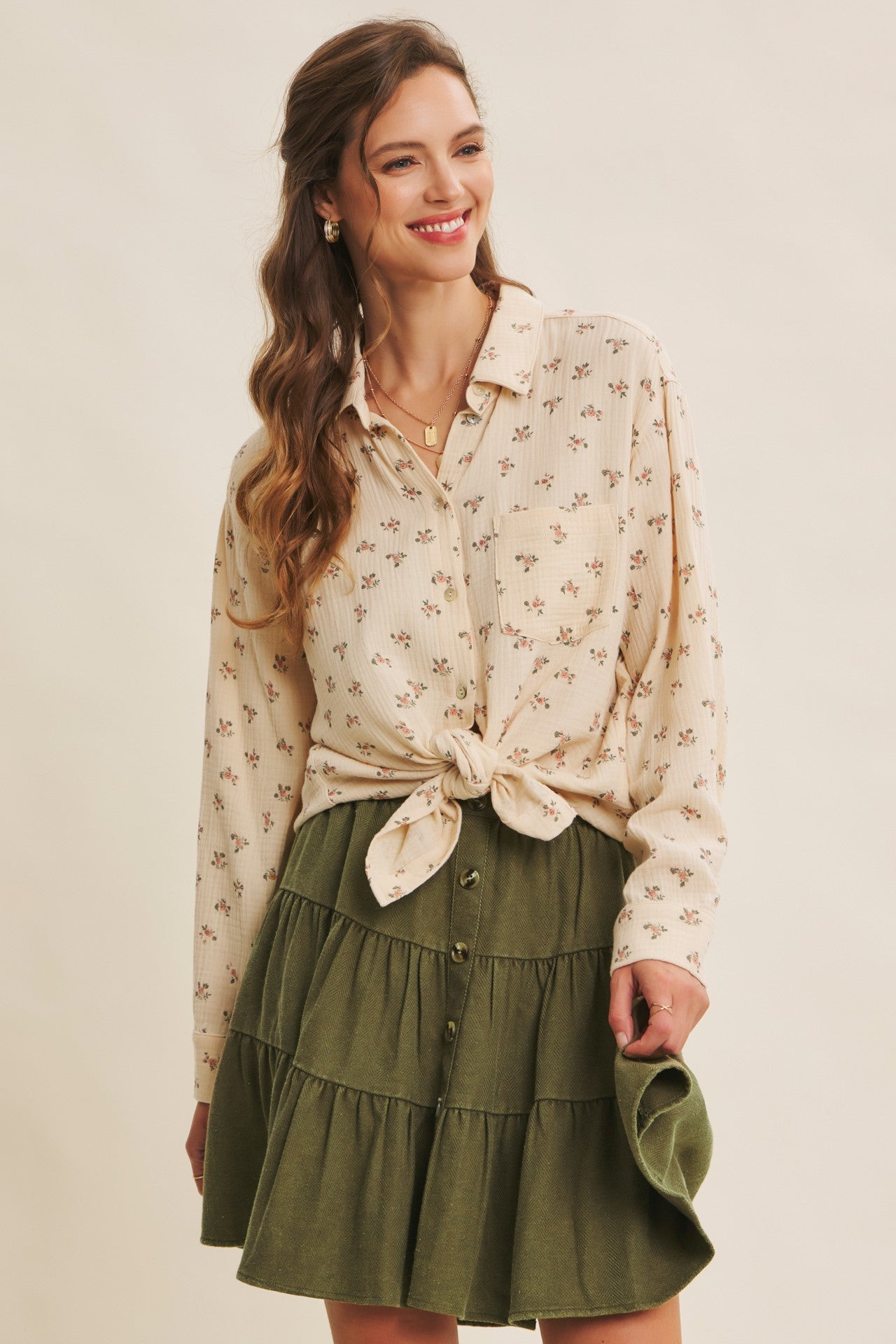Cream Floral Cotton Gauze Oversized Button-Down Shirt