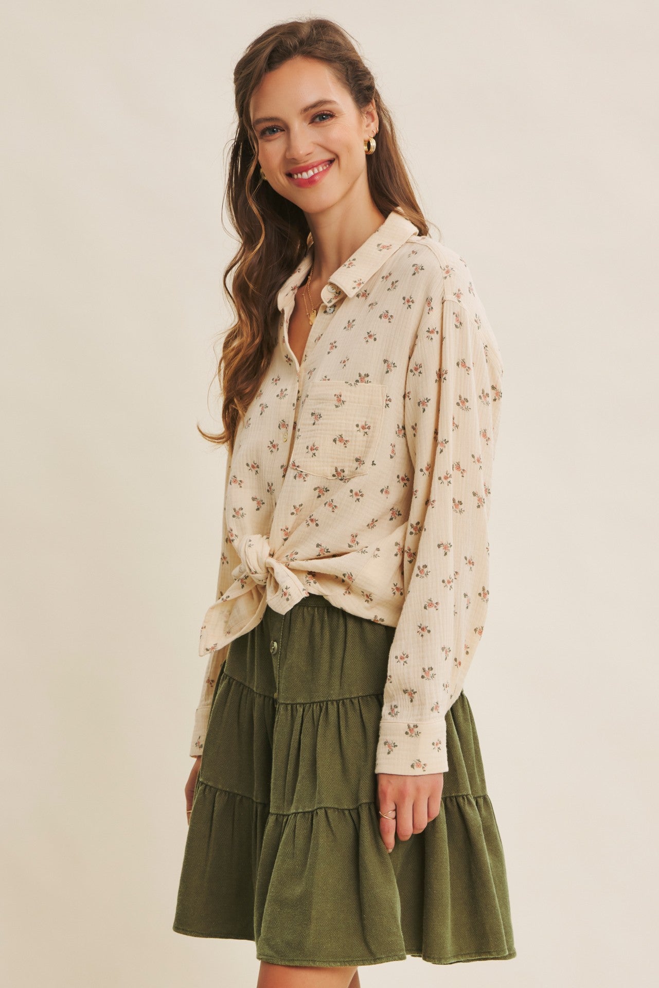 Cream Floral Cotton Gauze Oversized Button-Down Shirt