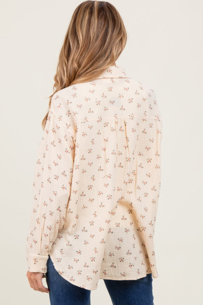 Cream Floral Cotton Gauze Oversized Button-Down Maternity Shirt
