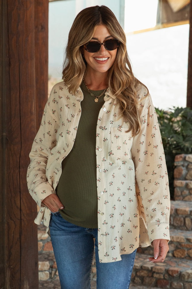 Cream Floral Cotton Gauze Oversized Button-Down Maternity Shirt