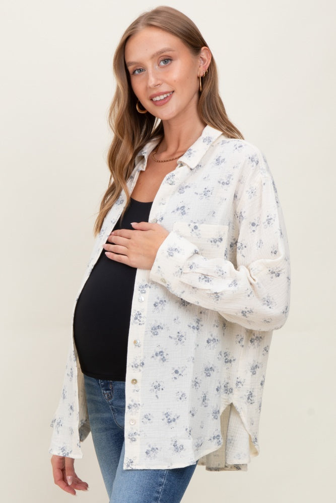 Blue Floral Cotton Gauze Oversized Button-Down Maternity Shirt