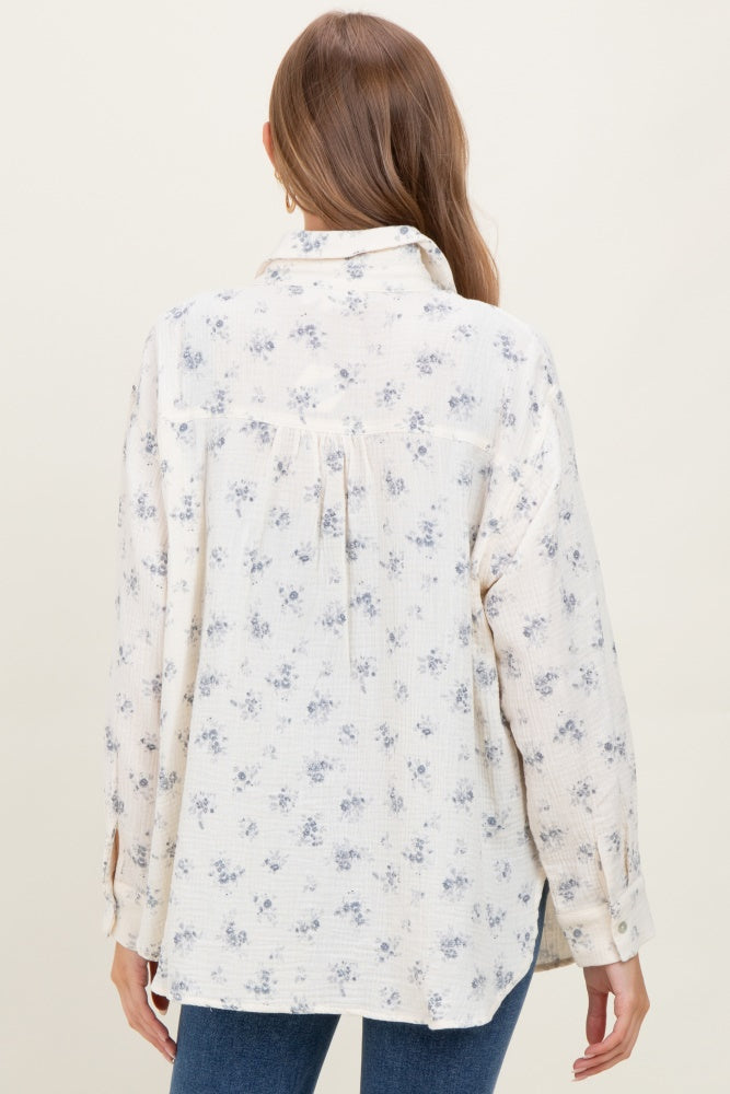 Blue Floral Cotton Gauze Oversized Button-Down Maternity Shirt