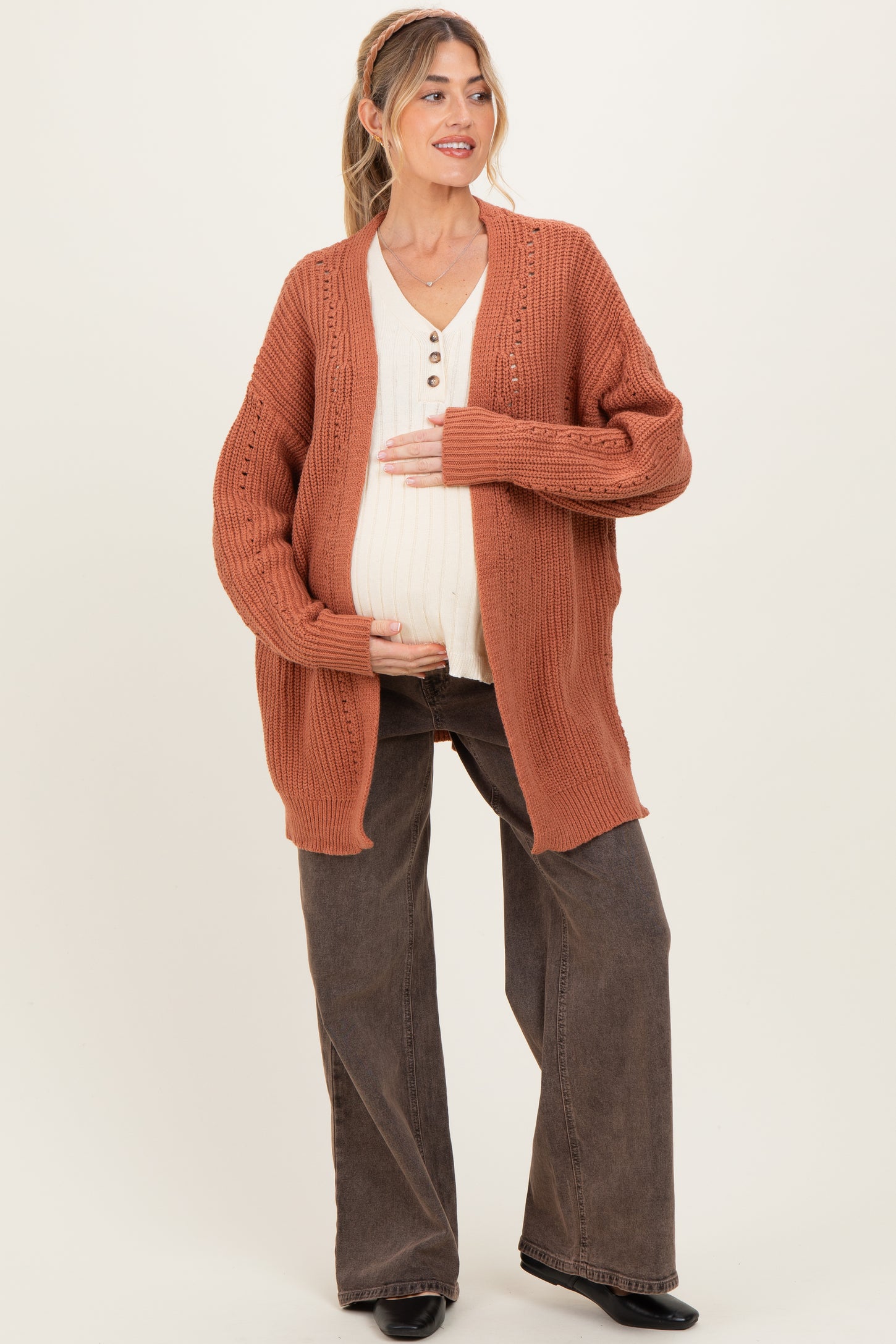 Camel Solid Long Sleeve Open Cable Maternity Cardigan