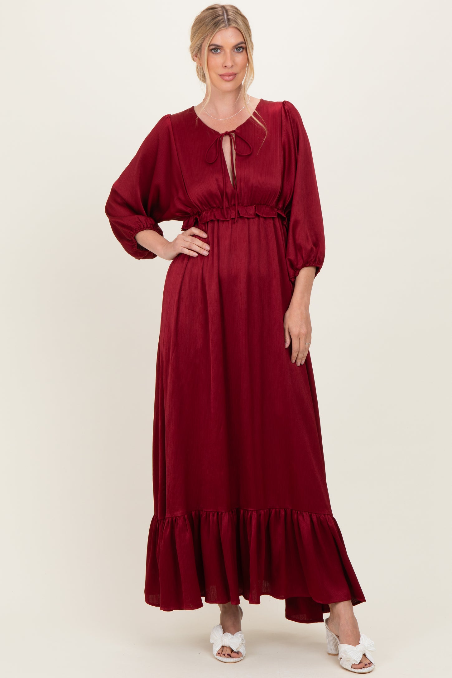 Burgundy Solid Satin Long Sleeve Open V-Neck Ruffle Waist Tiered Maternity Maxi Dress
