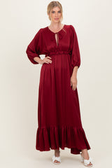 Burgundy Solid Satin Long Sleeve Open V-Neck Ruffle Waist Tiered Maternity Maxi Dress