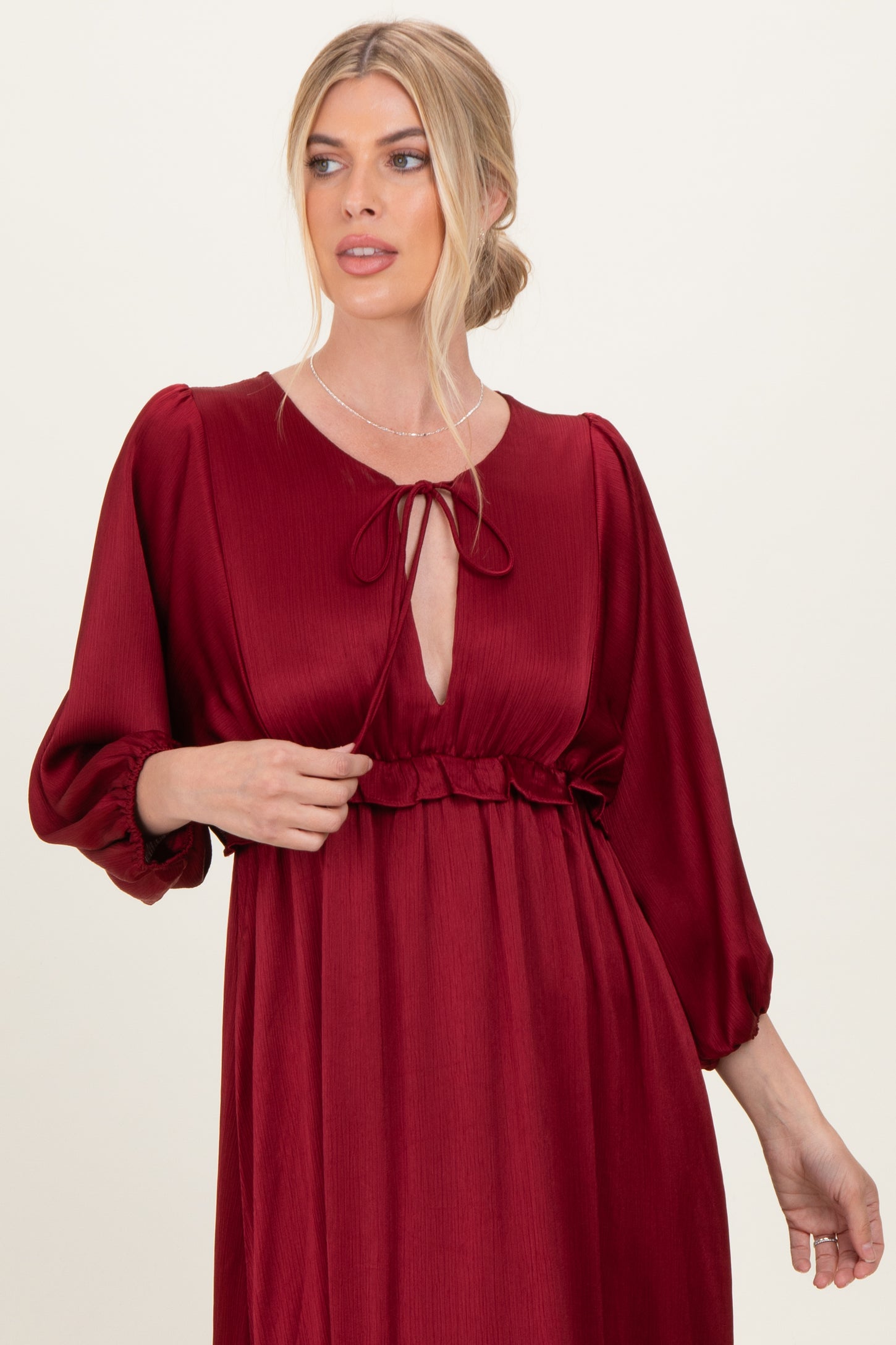 Burgundy Solid Satin Long Sleeve Open V-Neck Ruffle Waist Tiered Maxi –  PinkBlush