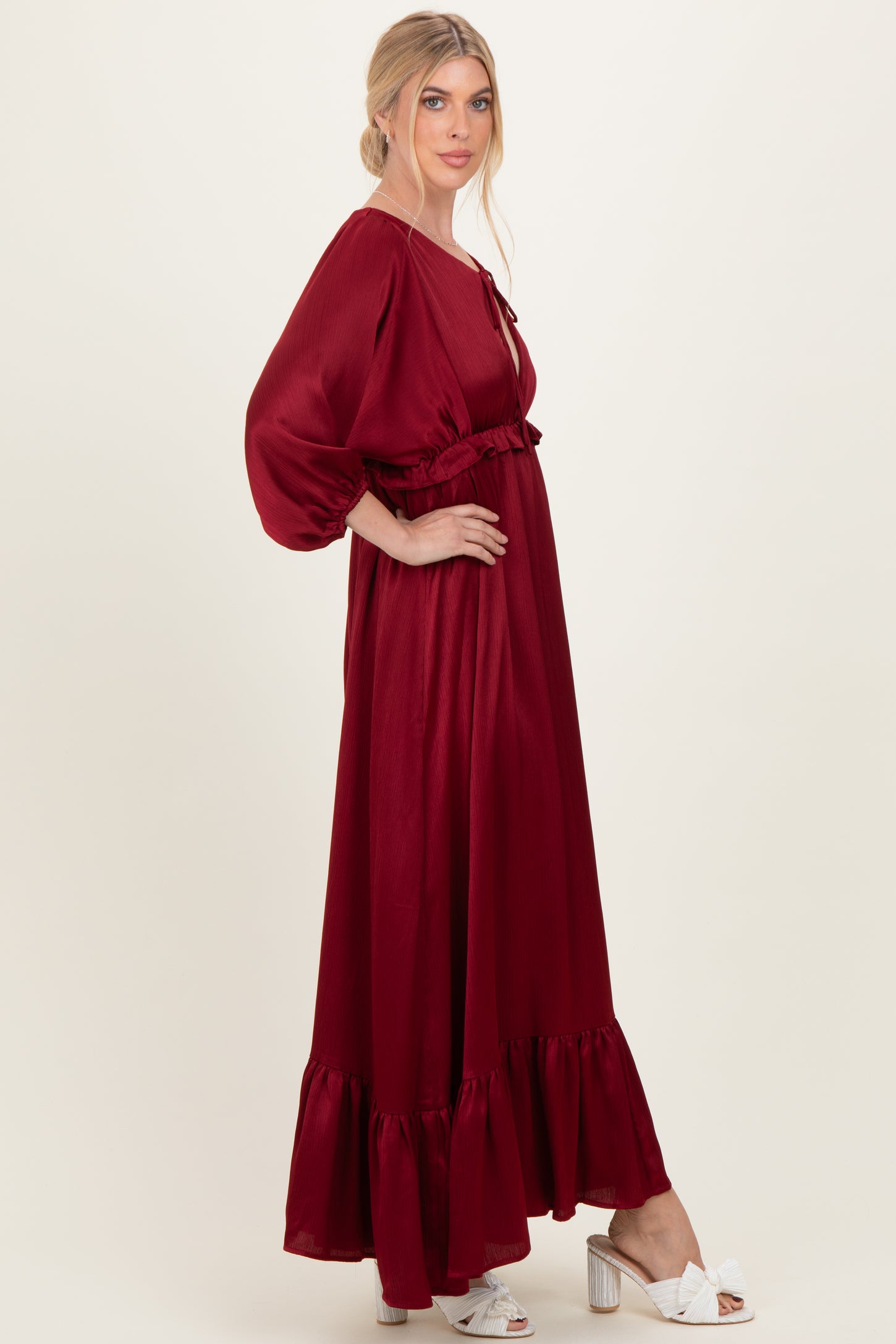 satin ruffle maxi dress in maroon Burgundy Modest Satin Ruffle Long Sleeves Mermaid Gown 20W