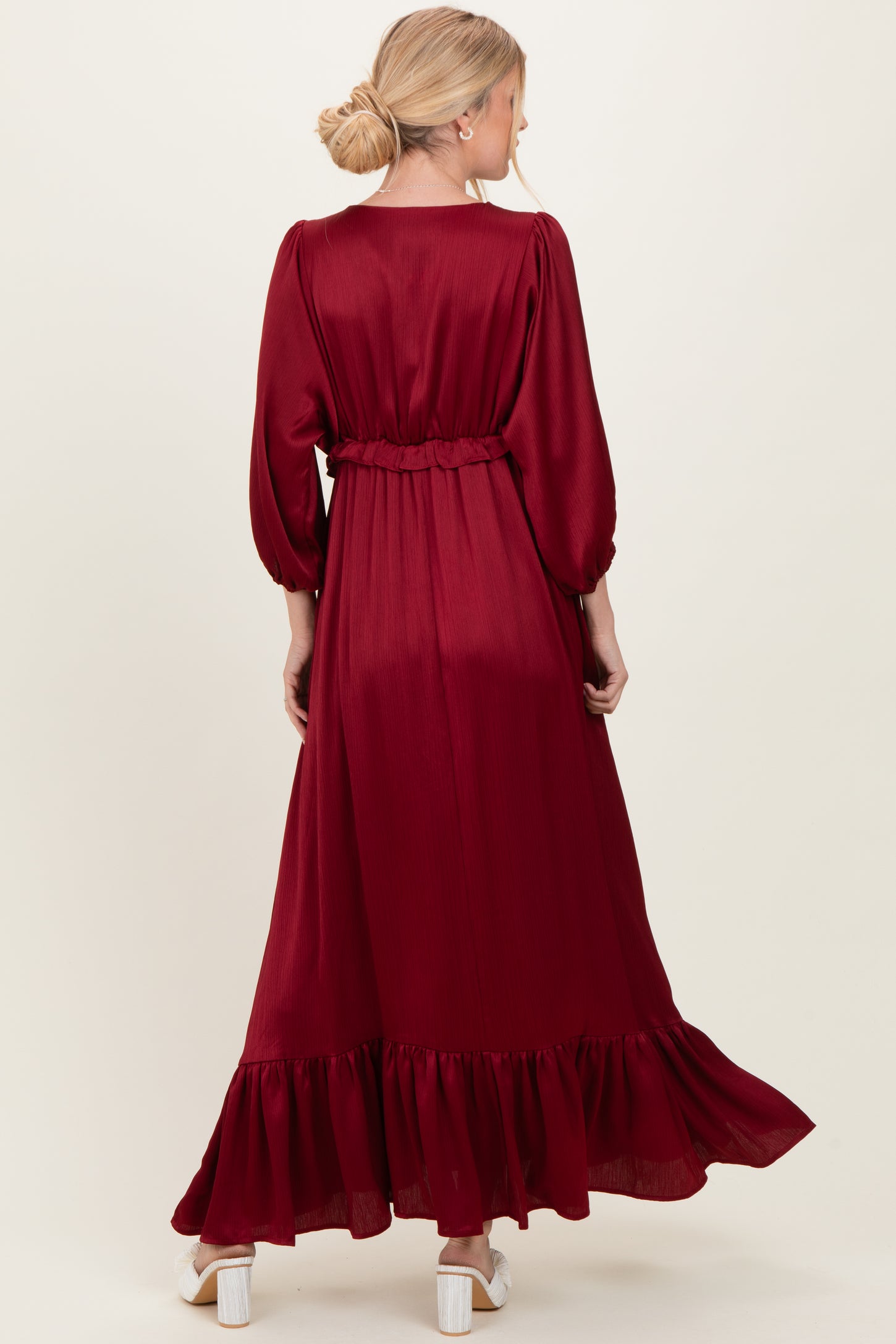 Burgundy Solid Satin Long Sleeve Open V-Neck Ruffle Waist Tiered Maxi –  PinkBlush