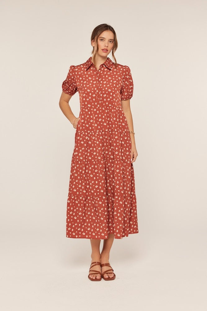 Rust Printed Button Up Tiered Midi Dress