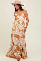Camel Leaf Print Sleeveless Maxi Dress