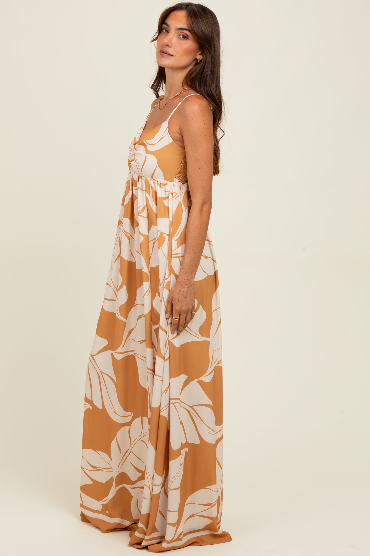 Camel Leaf Print Sleeveless Maxi Dress