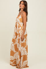 Camel Leaf Print Sleeveless Maxi Dress