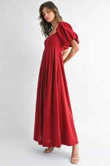 Burgundy Square Neck Puff Sleeve Maternity Maxi Dress