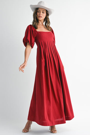Burgundy Square Neck Puff Sleeve Maxi Dress
