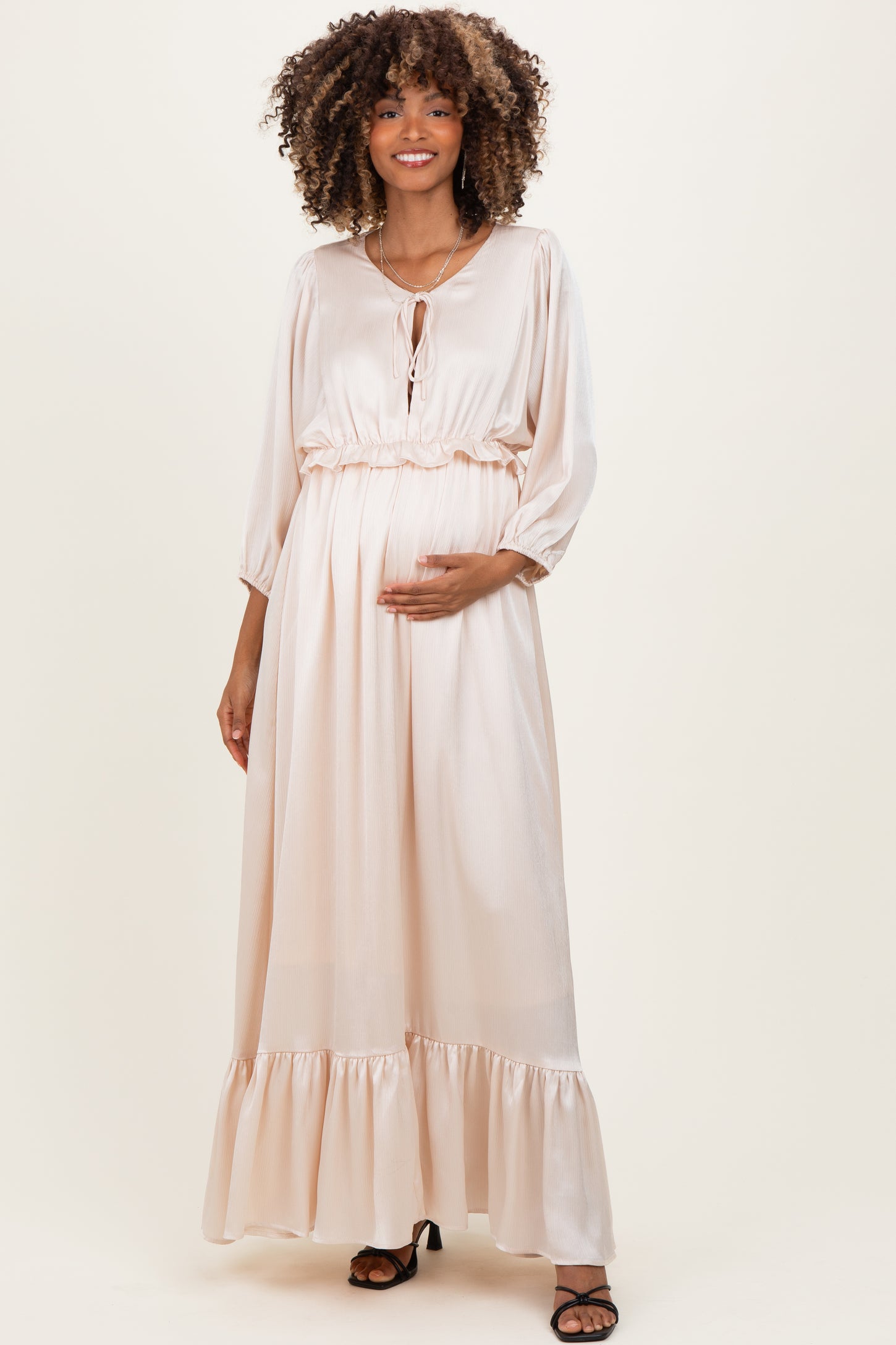 Beige Solid Satin Long Sleeve Open V-Neck Ruffle Waist Tiered Maternity Maxi Dress Beige Solid Satin Long Sleeve Open V-Neck Ruffle Waist Tiered Maternity Maxi Dress