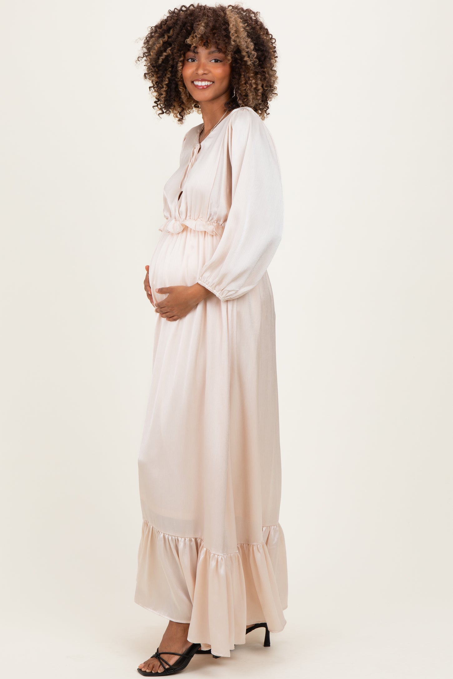 Beige Solid Satin Long Sleeve Open V-Neck Ruffle Waist Tiered Maternity Maxi Dress Beige Solid Satin Long Sleeve Open V-Neck Ruffle Waist Tiered Maternity Maxi Dress