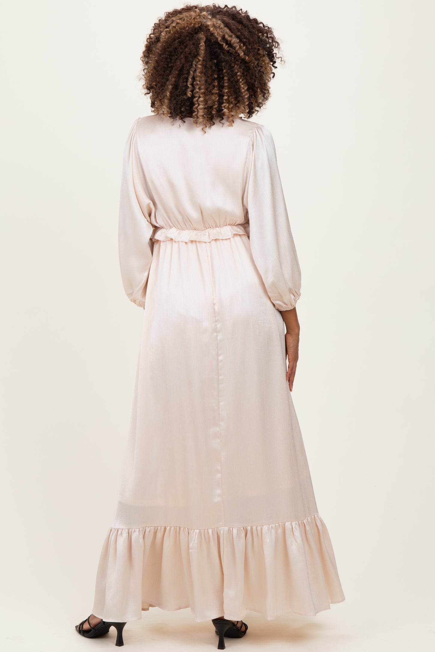 Beige Solid Satin Long Sleeve Open V-Neck Ruffle Waist Tiered Maternity Maxi Dress
