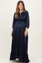 Navy Solid Satin Long Sleeve Open V-Neck Ruffle Waist Tiered Maternity Maxi Dress